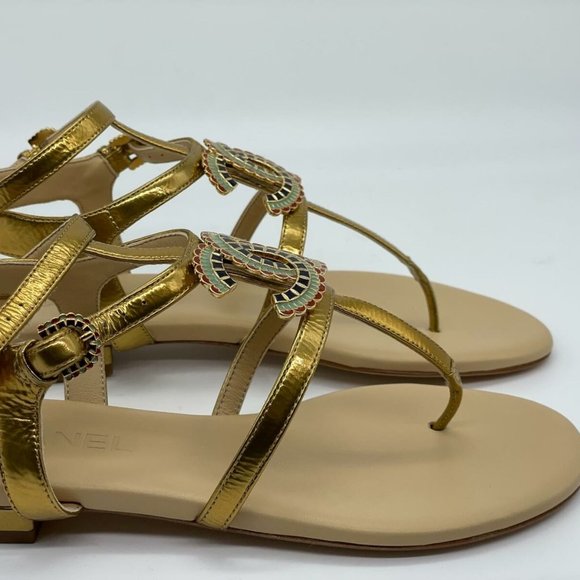 CHANEL 19A Leather CC Logo Thong T Strap Flat Gladiator Sandals Shoes - Picture 5 of 13